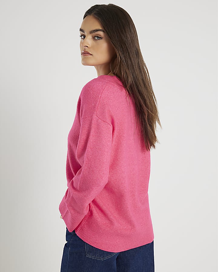 Pink Knitted V-Neck Jumper