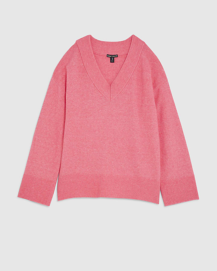 Pink Knitted V-Neck Jumper