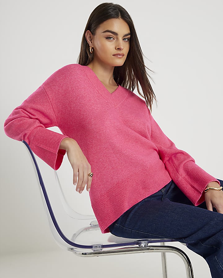 Pink Knitted V-Neck Jumper