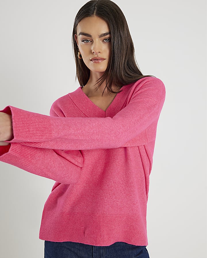 Pink Knitted V-Neck Jumper