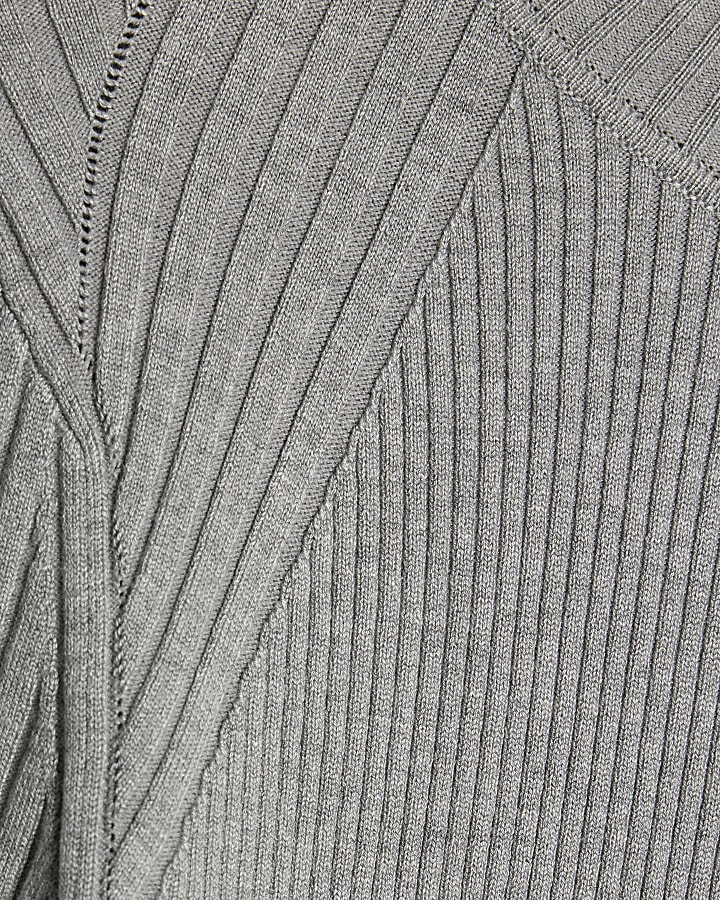 Grey Knit Ribbed Roll Neck Top