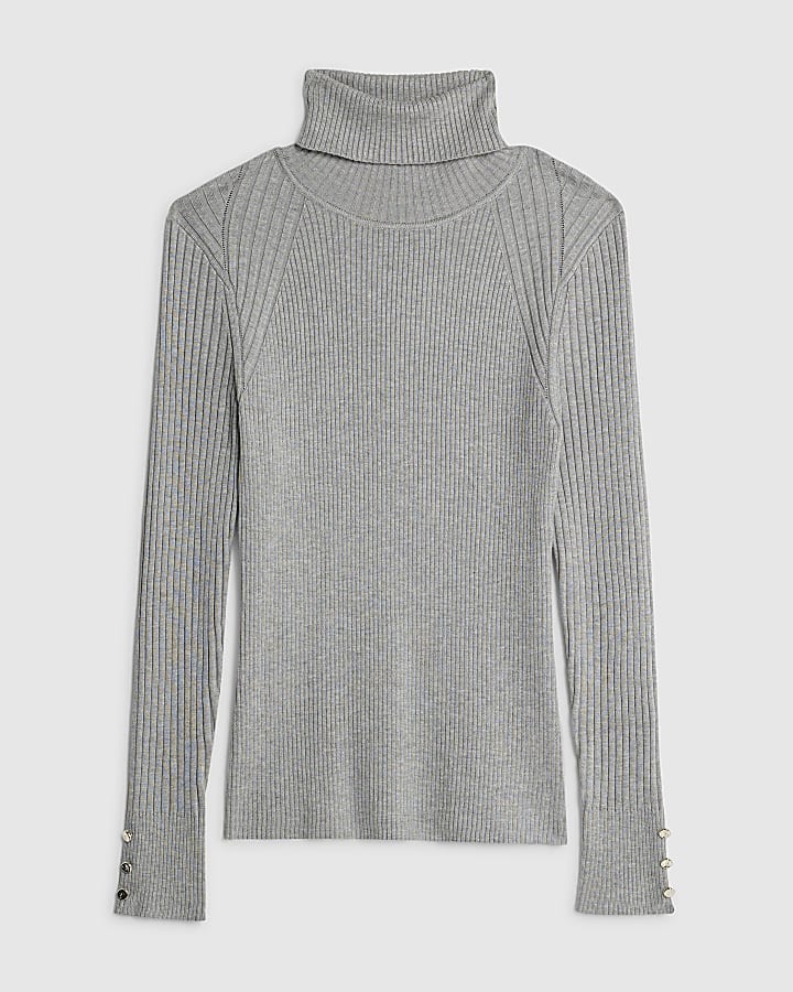 Grey Knit Ribbed Roll Neck Top