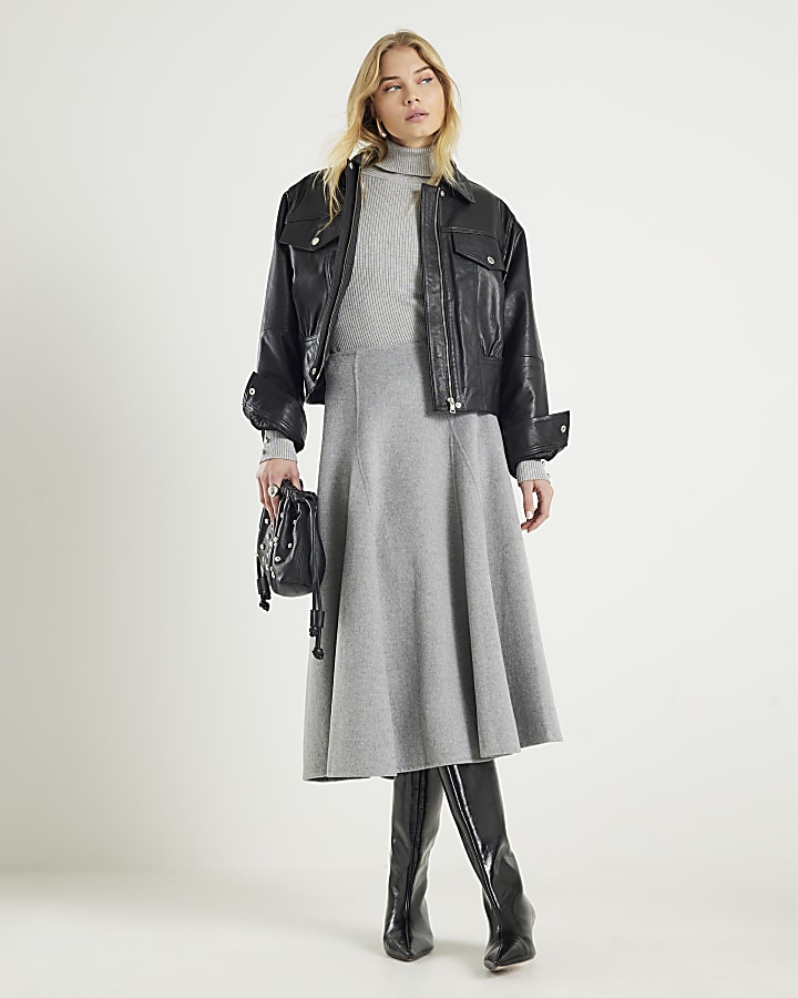 Grey Knit Ribbed Roll Neck Top