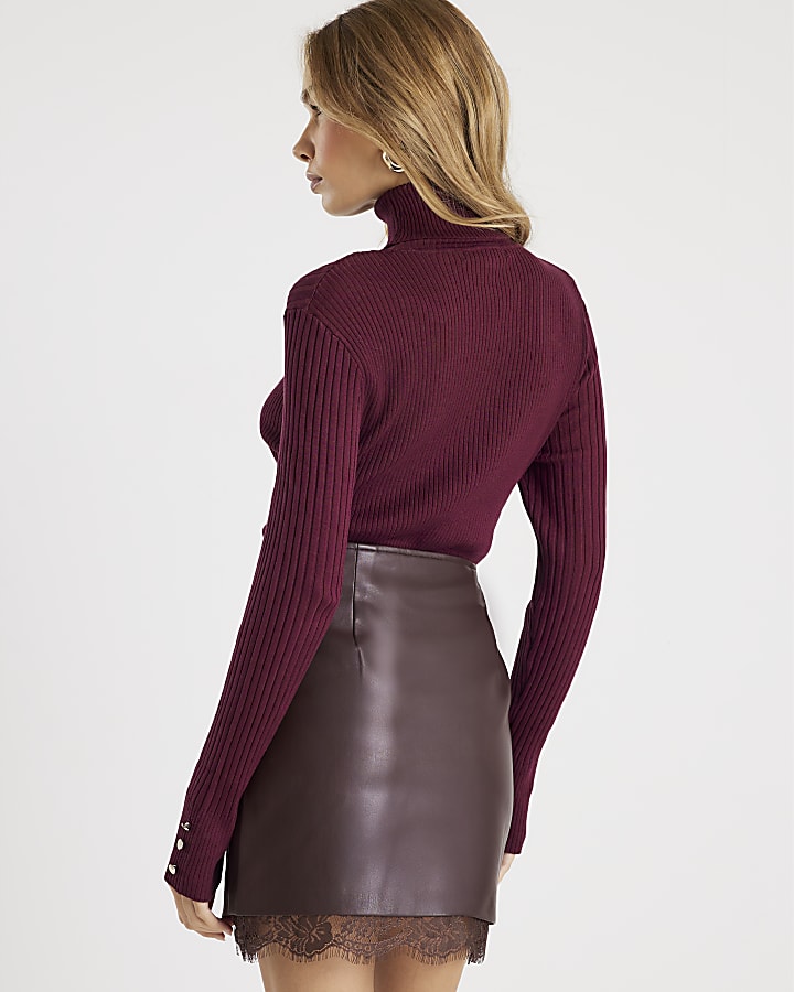 Red Knit Ribbed Roll Neck Top