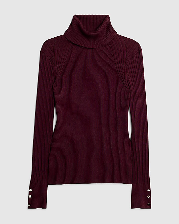 Red Knit Ribbed Roll Neck Top
