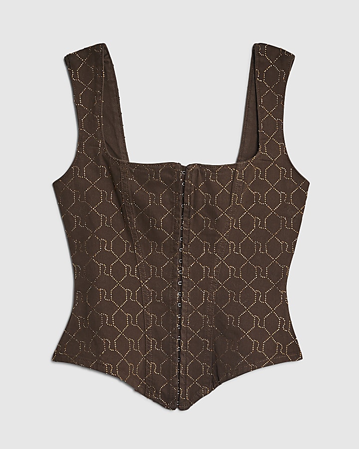 Brown Monogram Denim Stretch Corset Top