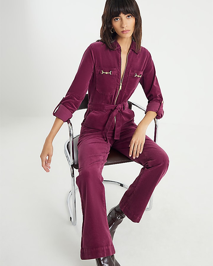 Red Corduroy Long Sleeve Snaffle Jumpsuit