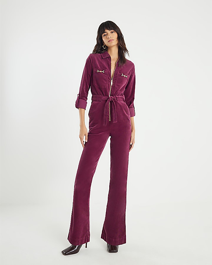 Red Corduroy Long Sleeve Snaffle Jumpsuit