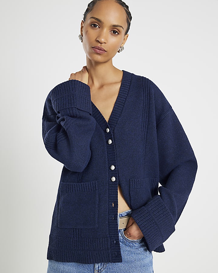 Navy Knitted Long Sleeve Cardigan