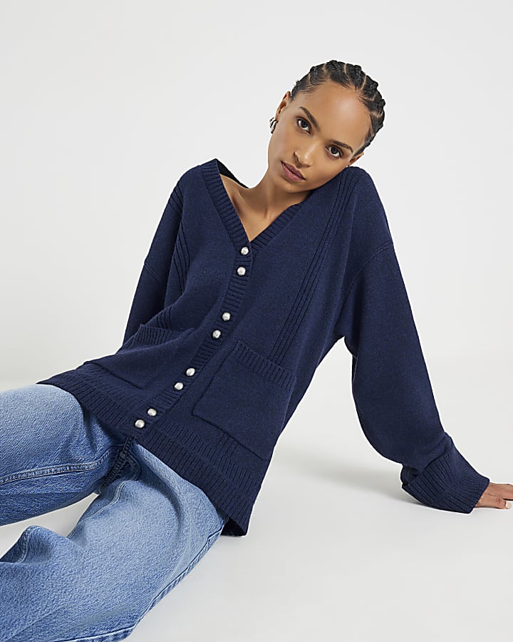 Navy Knitted Long Sleeve Cardigan