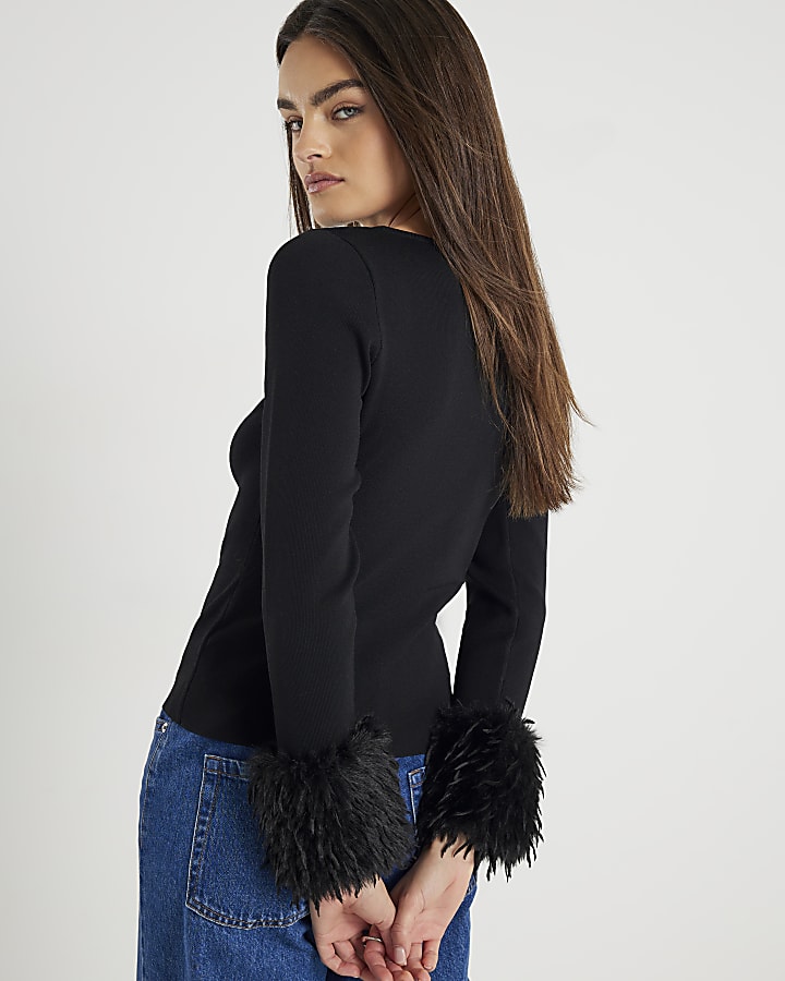 Black Knitted Slash Neck Feather Cuff Top