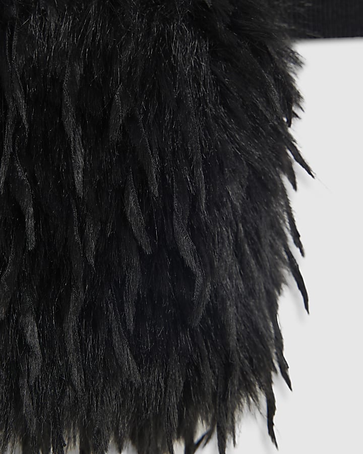 Black Knitted Slash Neck Feather Cuff Top