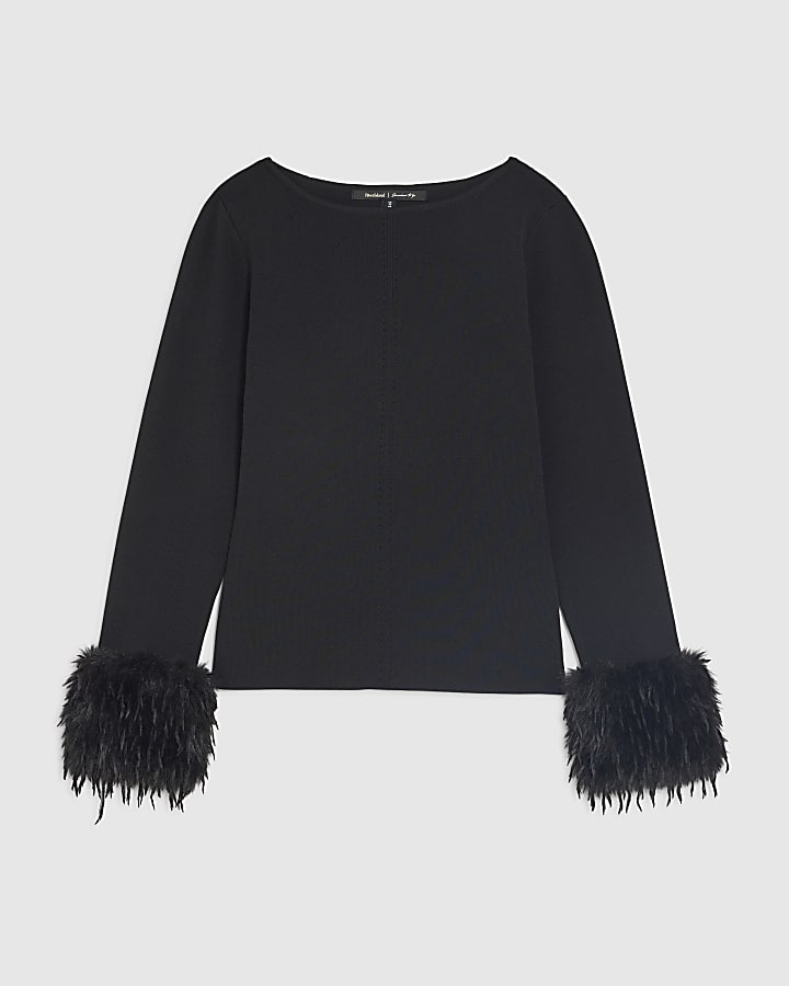 Black Knitted Slash Neck Feather Cuff Top