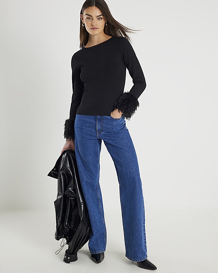 Black Knitted Slash Neck Feather Cuff Top