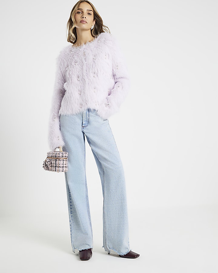 Purple Long Sleeve Faux Fur Cardigan