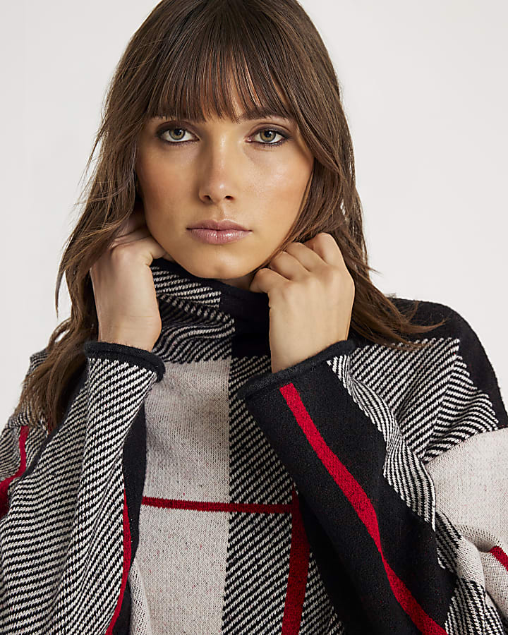 Black Check Print High Neck Jumper