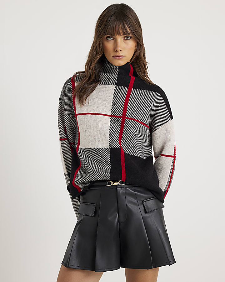 Black Check Print High Neck Jumper