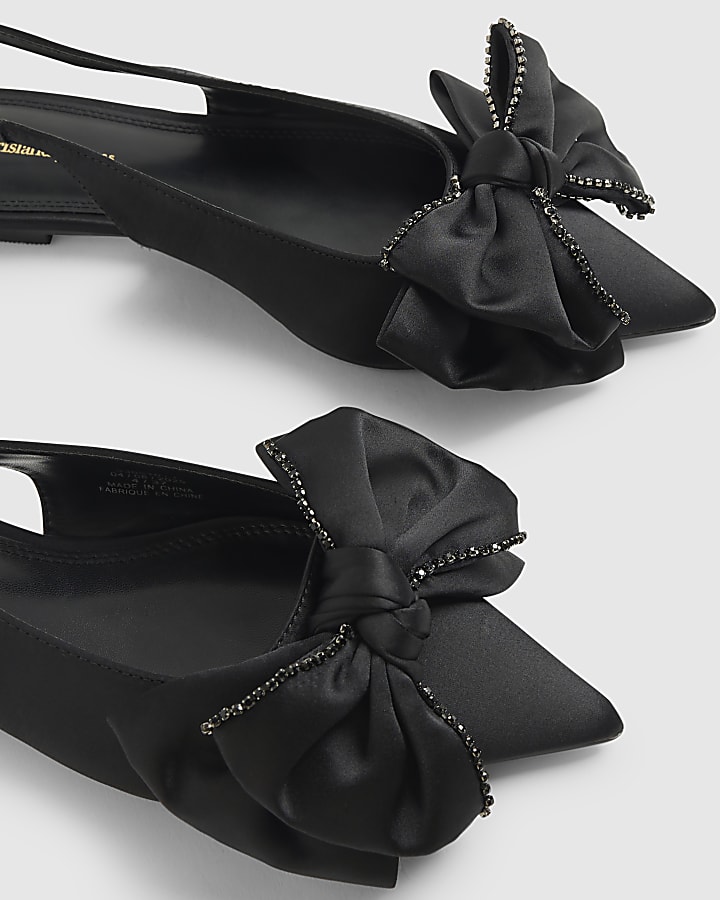 Black Satin Bow Pointed Toe Shoes