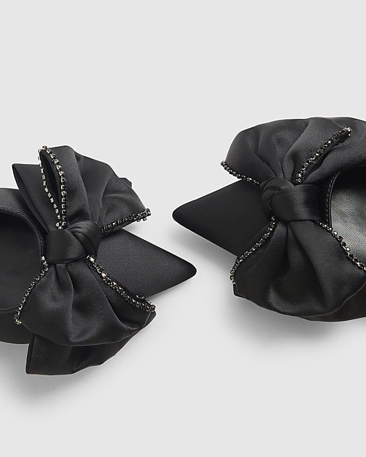 Black Satin Bow Pointed Toe Shoes