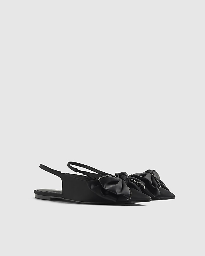 Black Satin Bow Pointed Toe Shoes