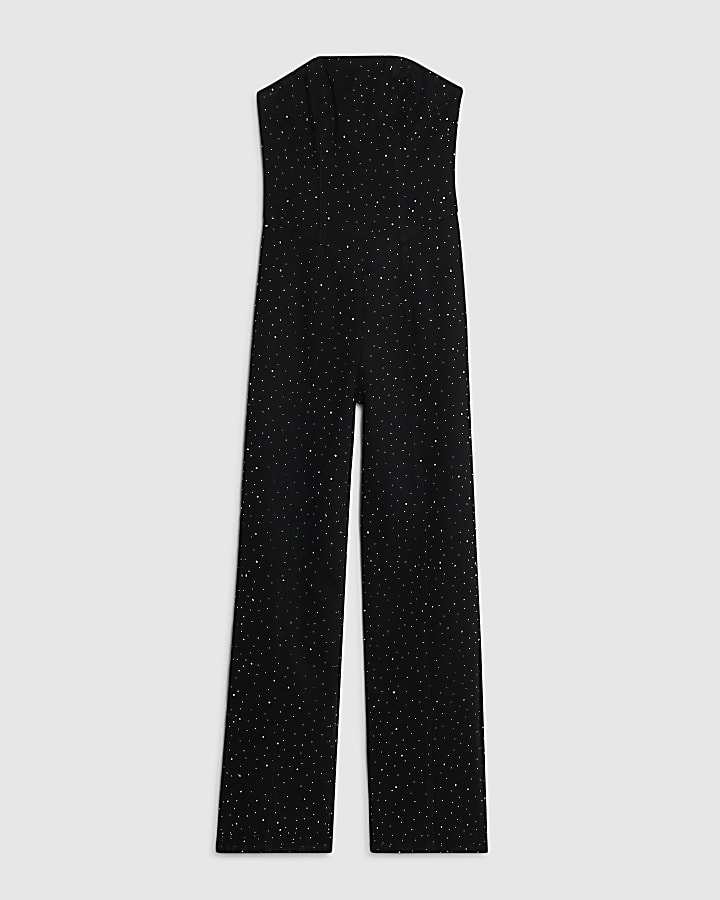 Black Denim Diamante Embellished Jumpsuit