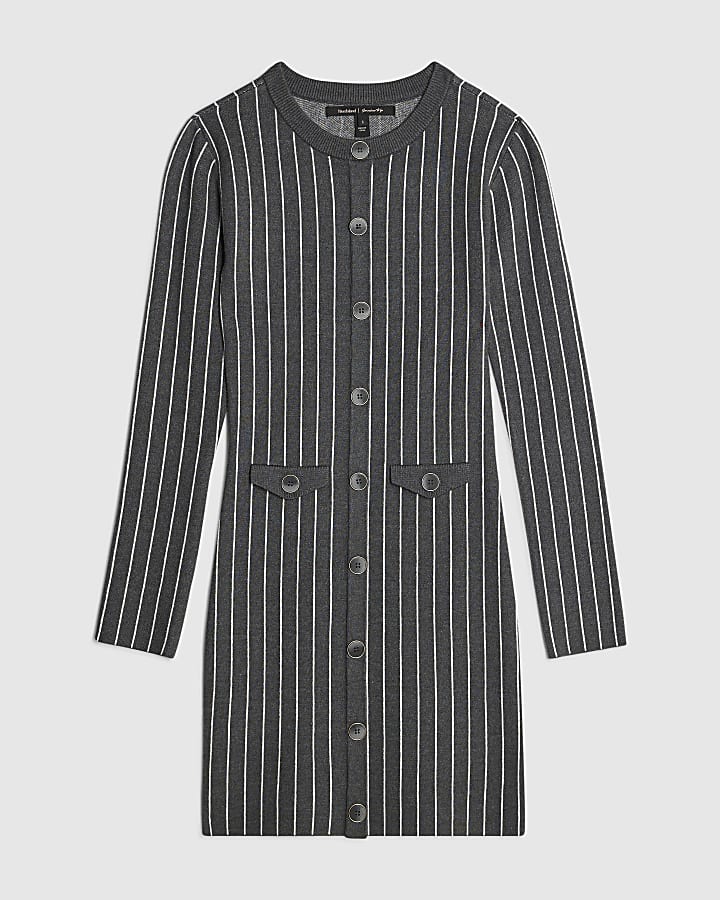 Grey Knitted Long Sleeve Pinstripe Dress
