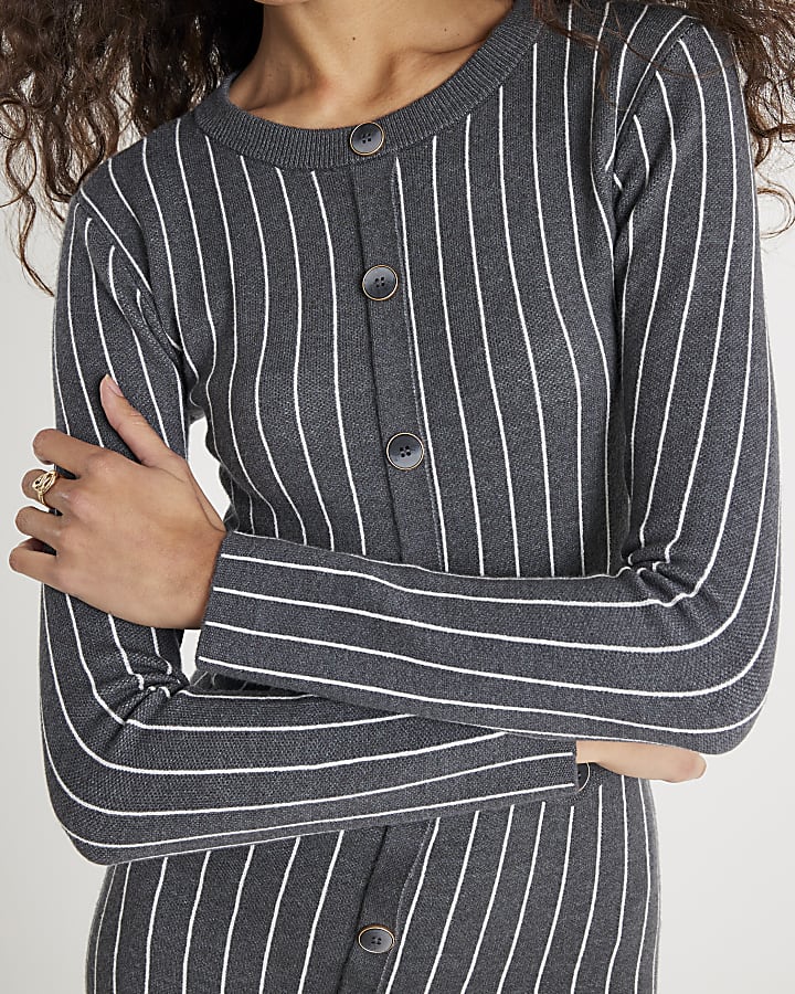 Grey Knitted Long Sleeve Pinstripe Dress
