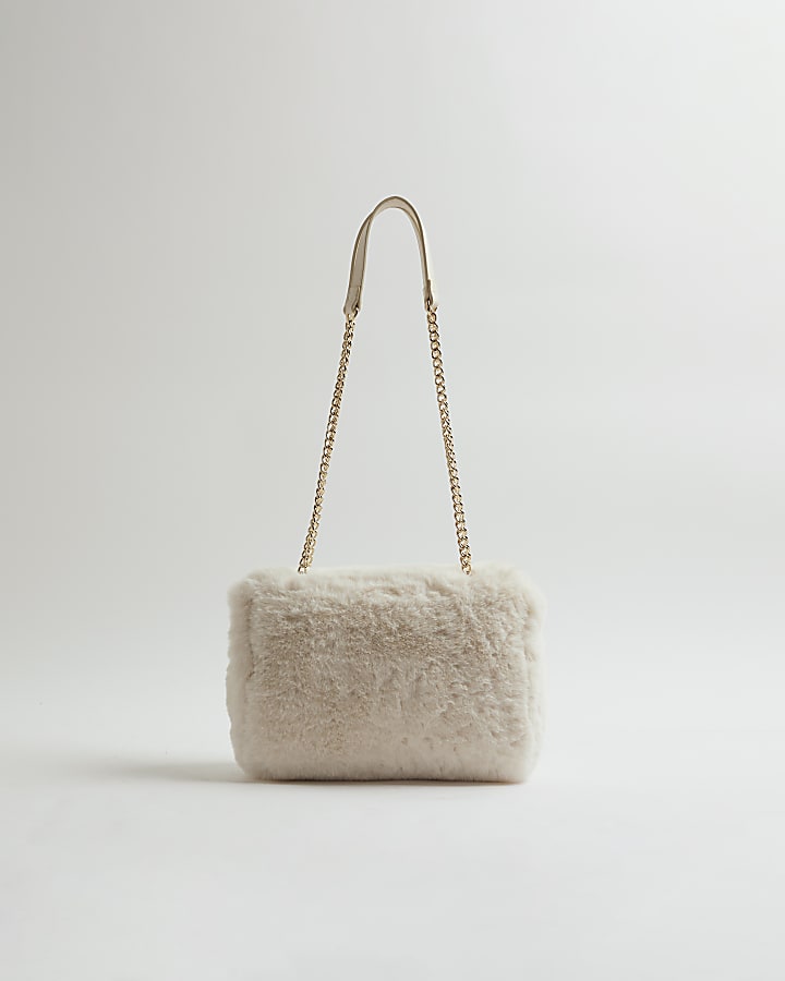 Cream Faux Fur Embellished Shoulder Bag