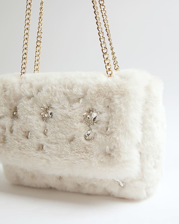 Cream Faux Fur Embellished Shoulder Bag