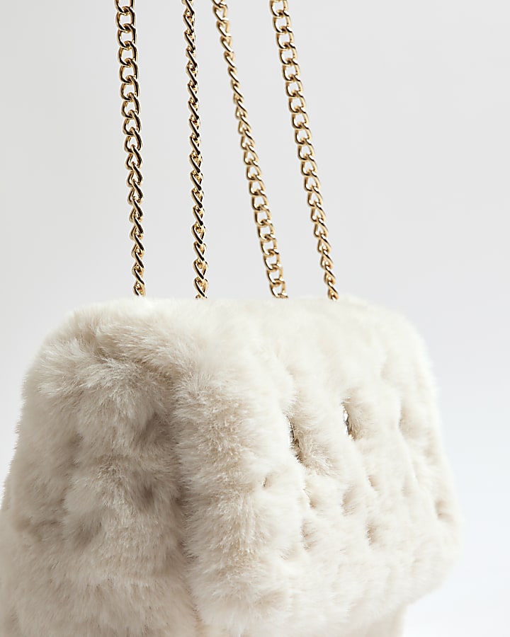 Cream Faux Fur Embellished Shoulder Bag