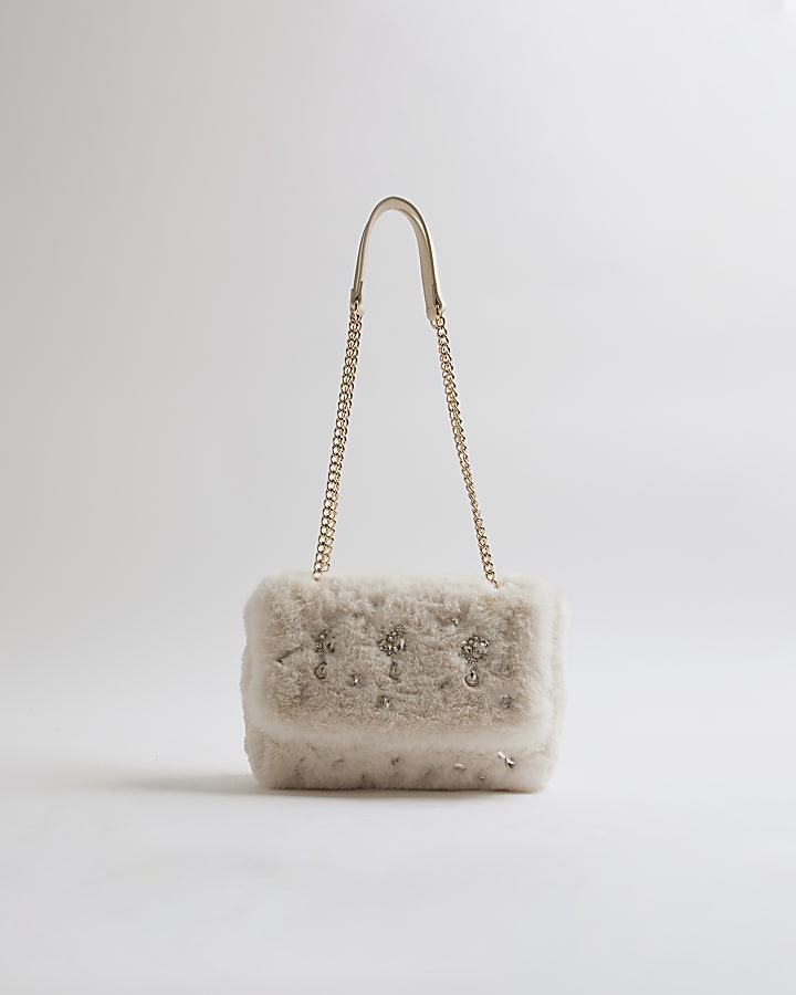 Cream Faux Fur Embellished Shoulder Bag