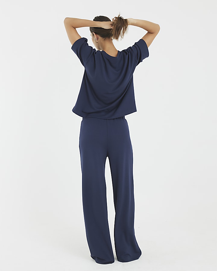 Navy Premium High Waisted Wide Leg Joggers