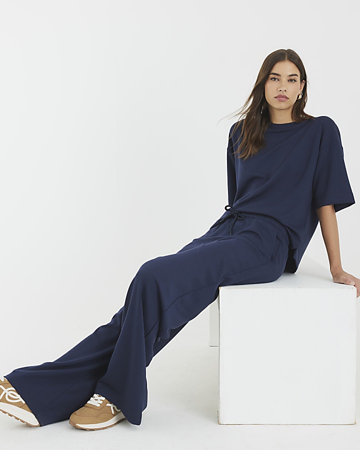 Navy Premium High Waisted Wide Leg Joggers