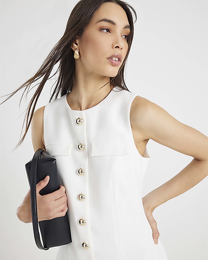 Cream Sleeveless Pleated Hem Mini Dress
