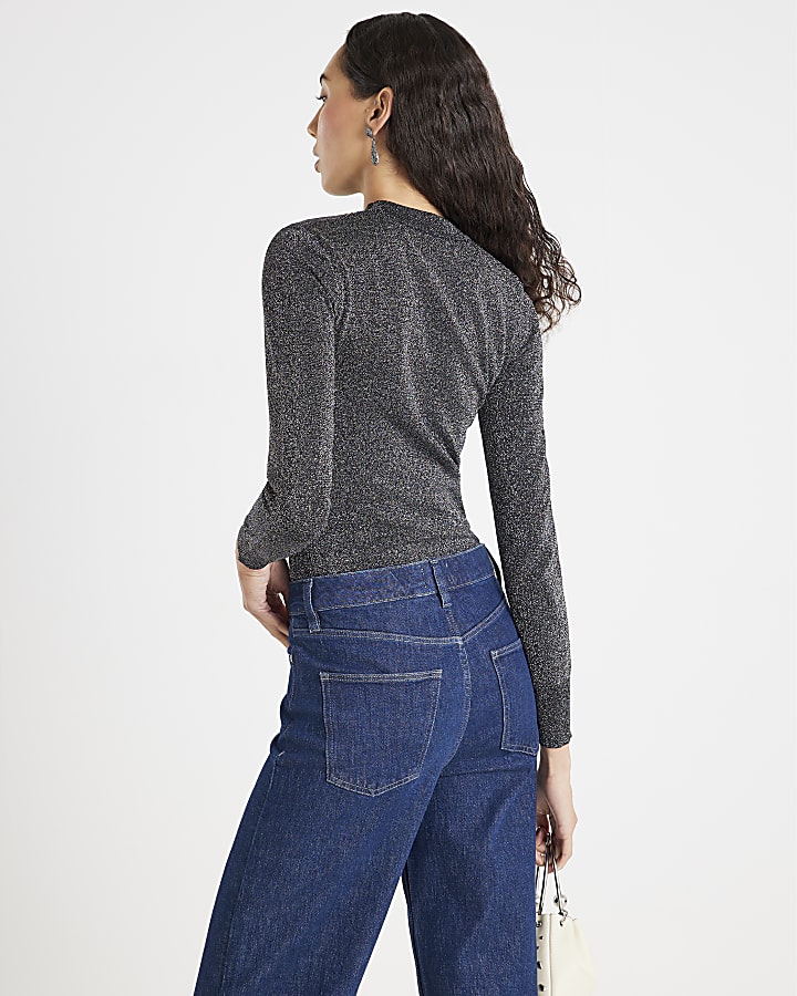 Black Long Sleeve Lurex Bodyfit Knitted Top