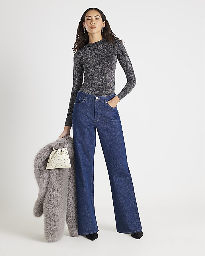 Black Long Sleeve Lurex Bodyfit Knitted Top