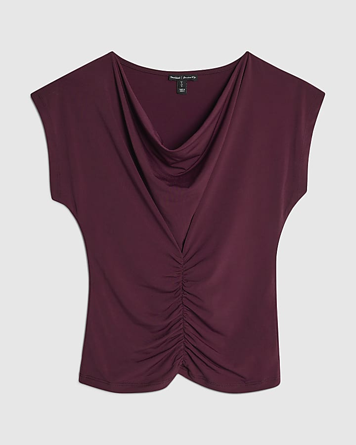 Red Short Sleeve Cowl Neck Top