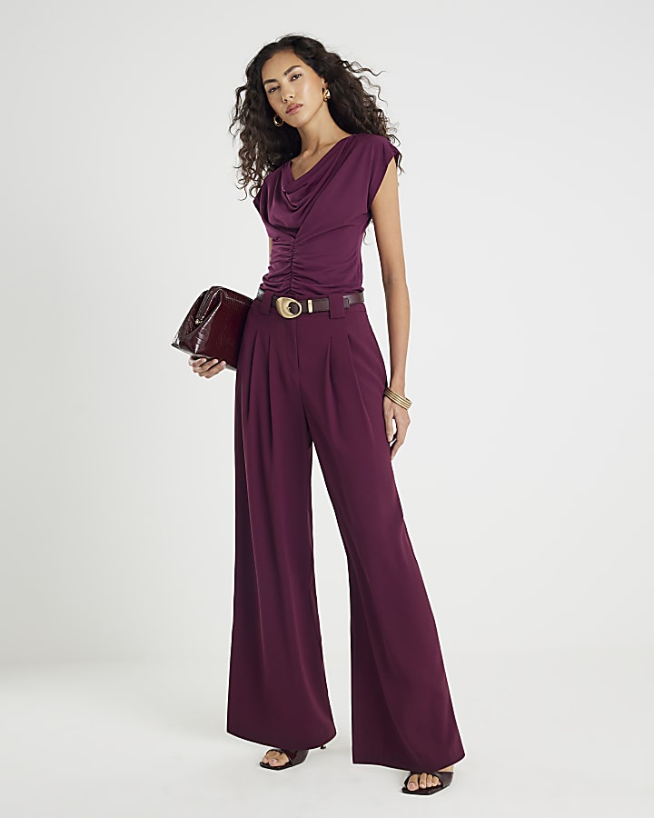 Red Short Sleeve Cowl Neck Top