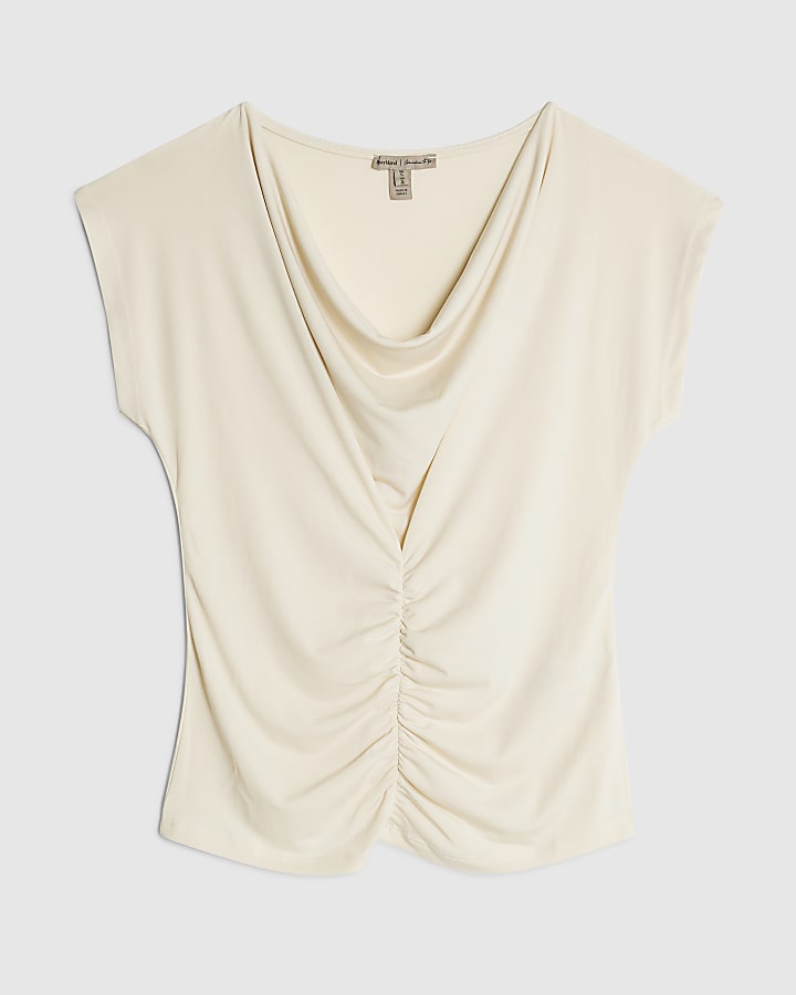 Cream Short Sleeve Cowl Neck Top