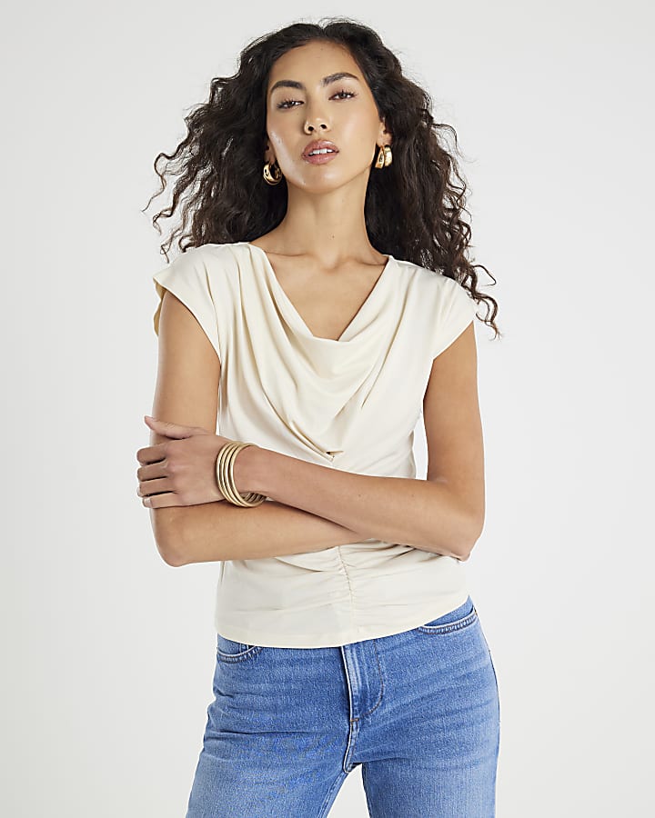 Cream Short Sleeve Cowl Neck Top