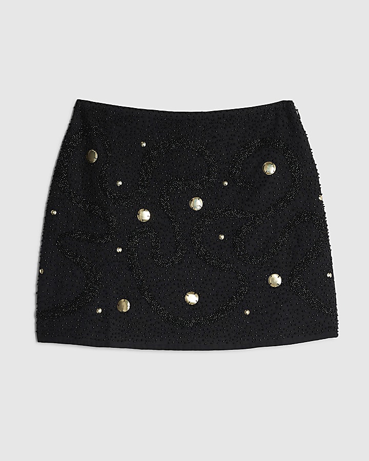 Black Embellished Studded Mini Beach Skirt