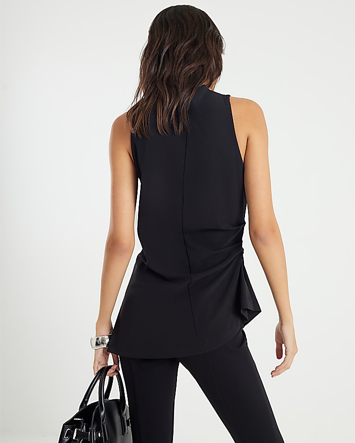 Black High Neck Asymmetric Peplum Top