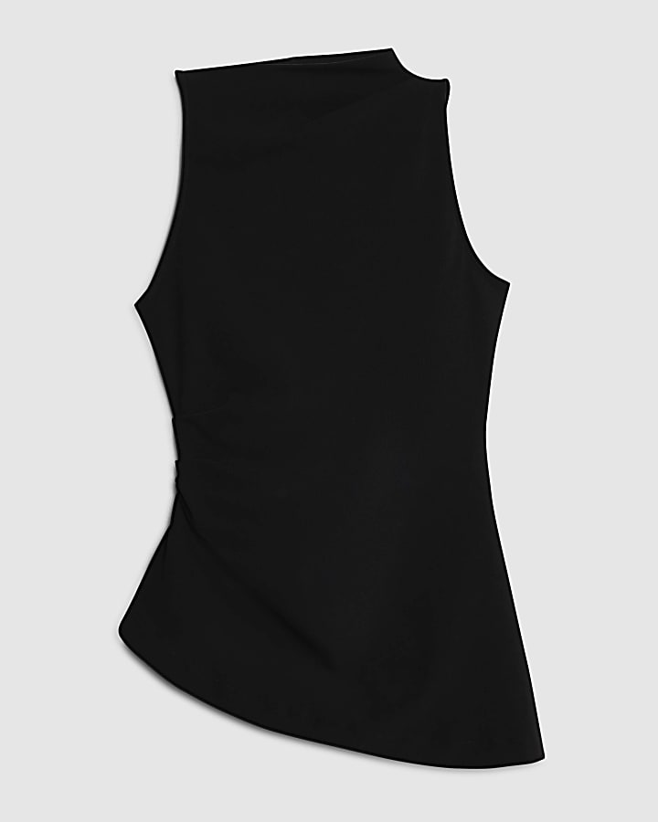 Black High Neck Asymmetric Peplum Top