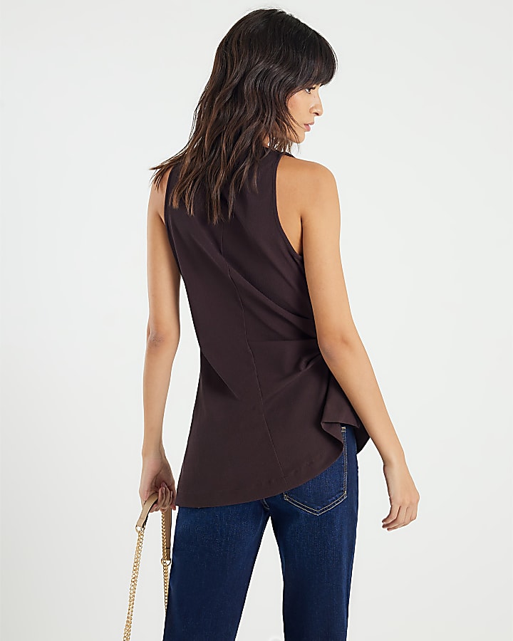 Brown High Neck Asymmetric Peplum Top