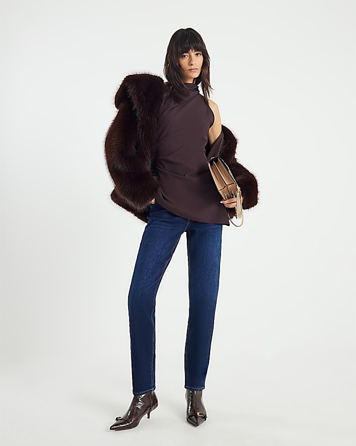Brown High Neck Asymmetric Peplum Top