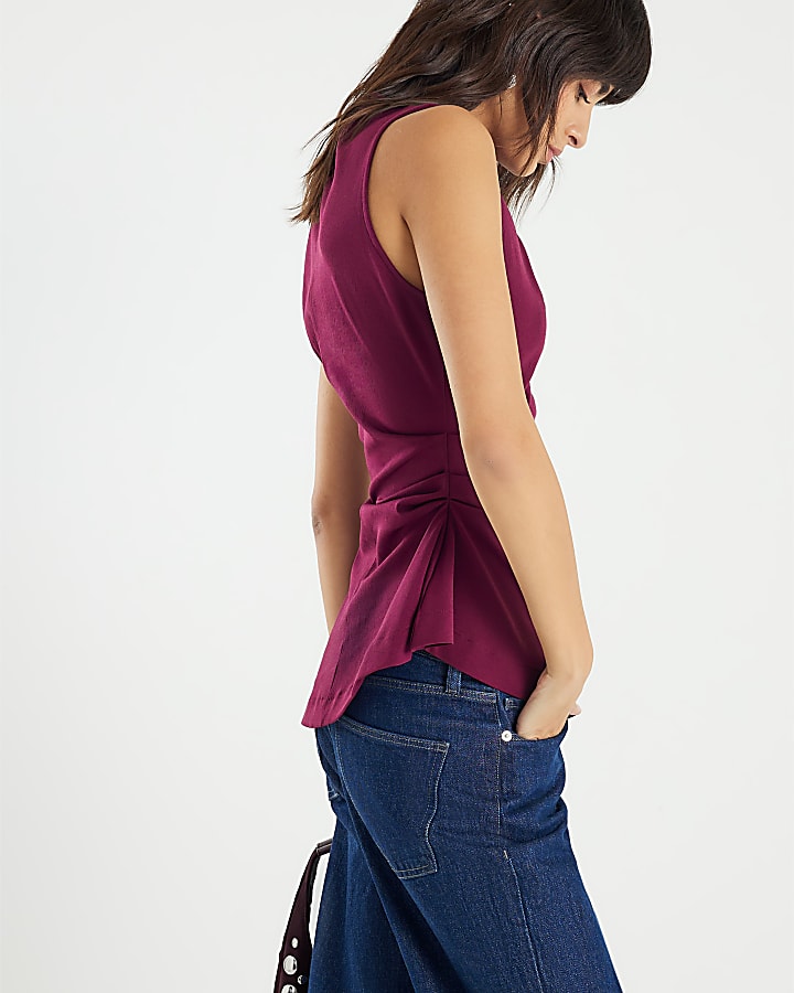 Red High Neck Asymmetric Peplum Top