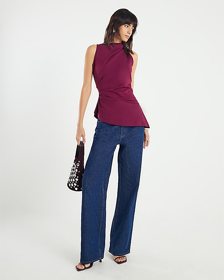 Red High Neck Asymmetric Peplum Top