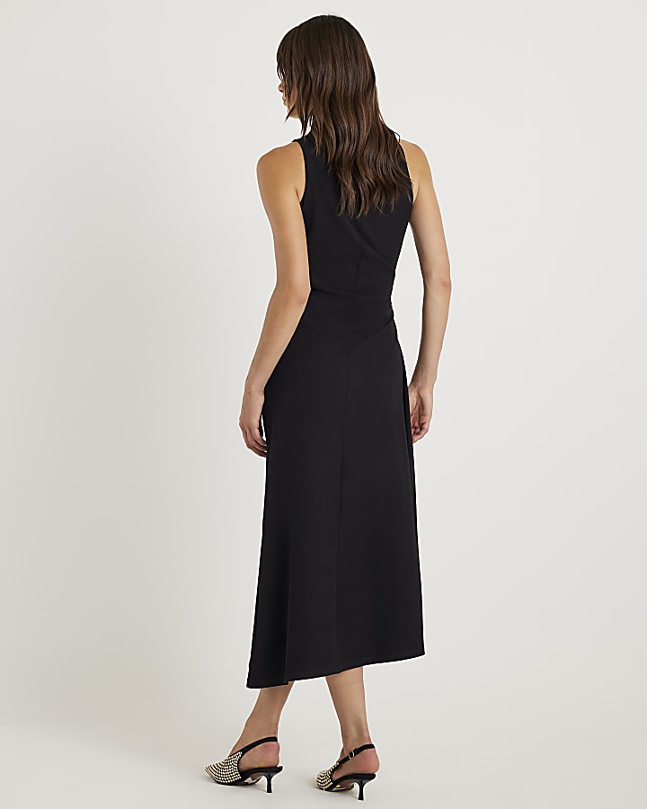 Black Sleeveless Asymmetric Hem Midi Dress