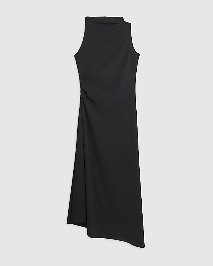 Black Sleeveless Asymmetric Hem Midi Dress