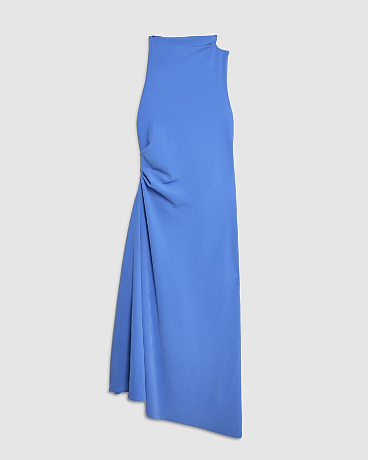 Blue Sleeveless Asymmetric Hem Midi Dress